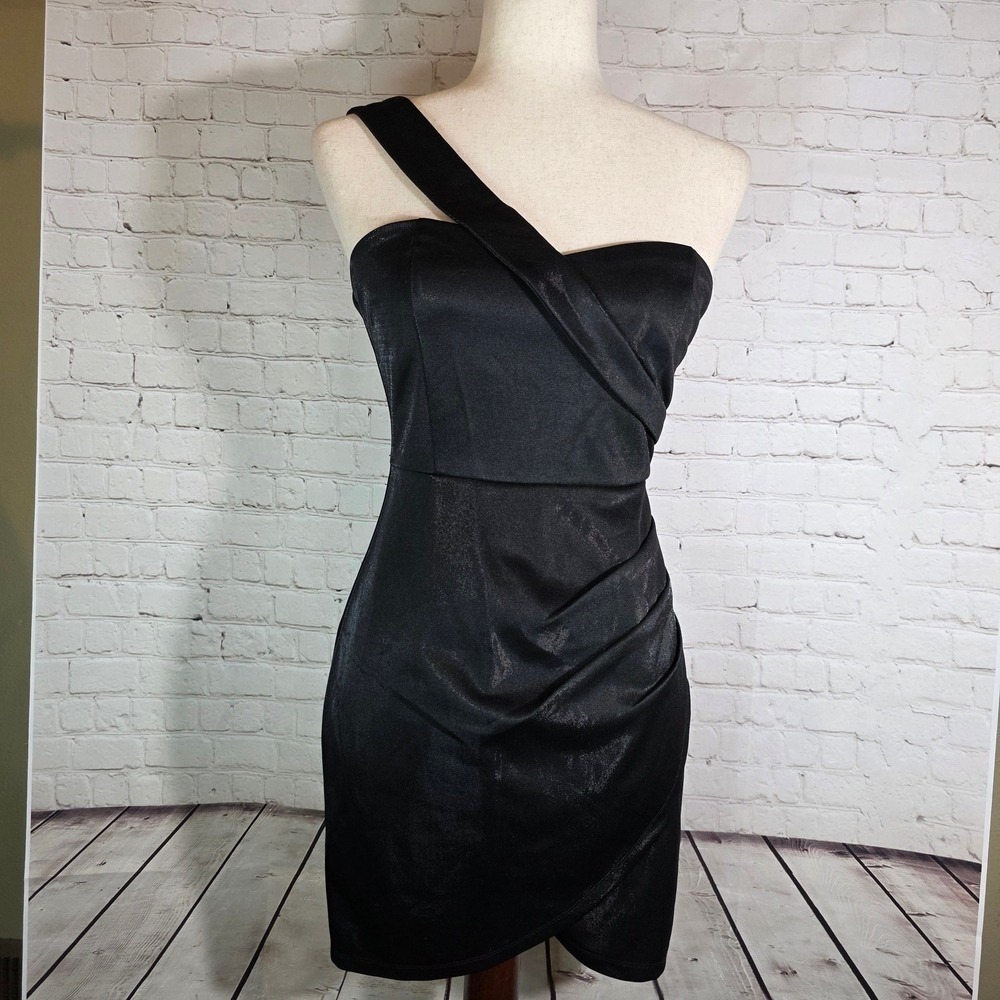 Lulus Forever‎ Phenomenal Black One-Shoulder Metallic Ruched Mini Dress - Size S